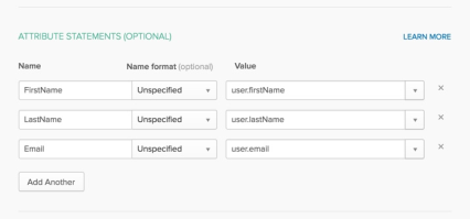 Okta Attribute Statements Configuration Screen