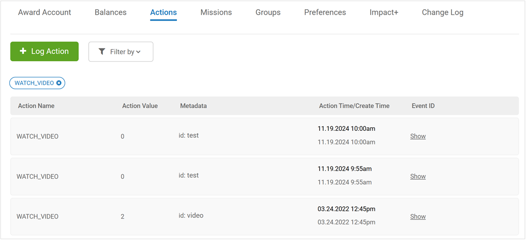 Users View Actions Tab