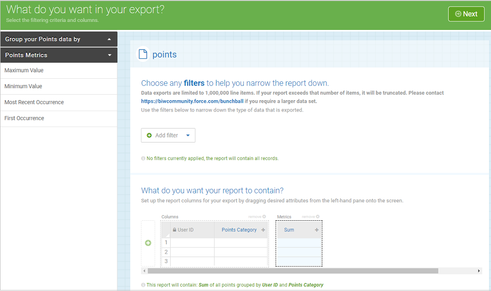 Data Export Contents Tab Example