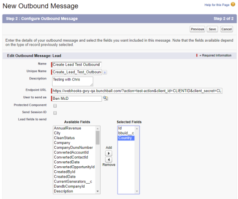 Salesforce Configure Outbound Message Screen